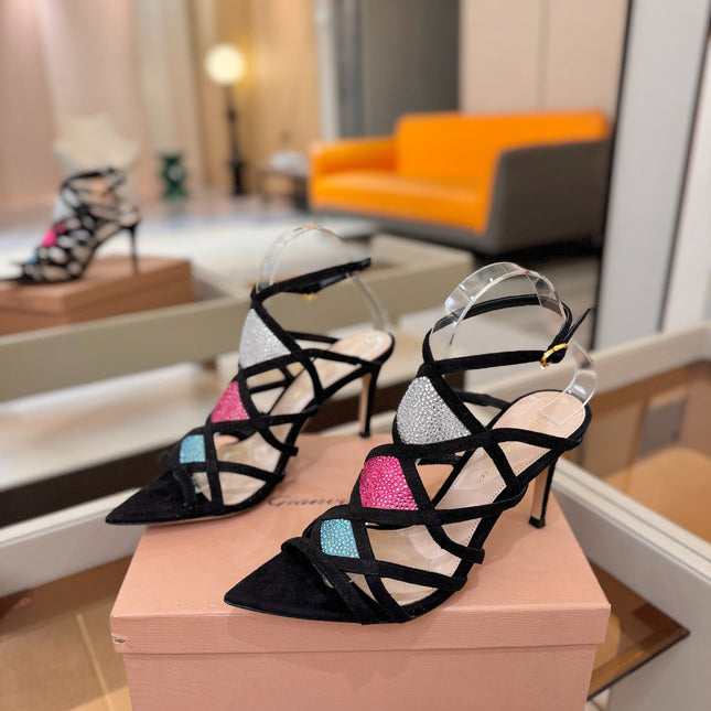 GIANVITO ROSSI 26S CROSS STRAP HEELS 85 MM IN BLACK SUEDE