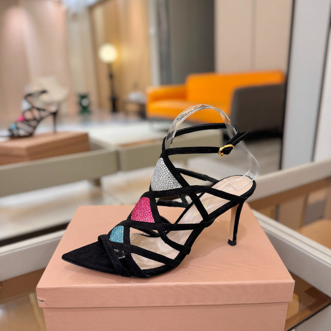 GIANVITO ROSSI 26S CROSS STRAP HEELS 85 MM IN BLACK SUEDE