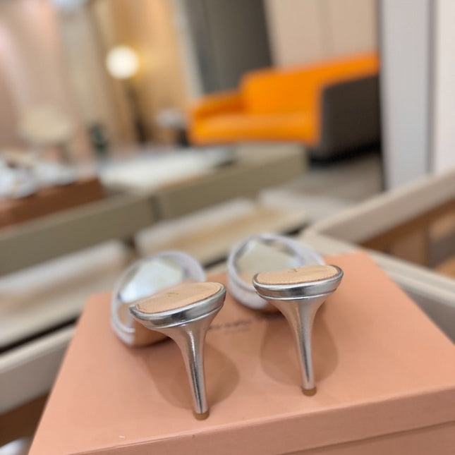GIANVITO ROSSI 26S POINTED TOE HIGH HEELS 85 MM IN SILVER LAMBSKIN WITH RHINESTONE STRAP