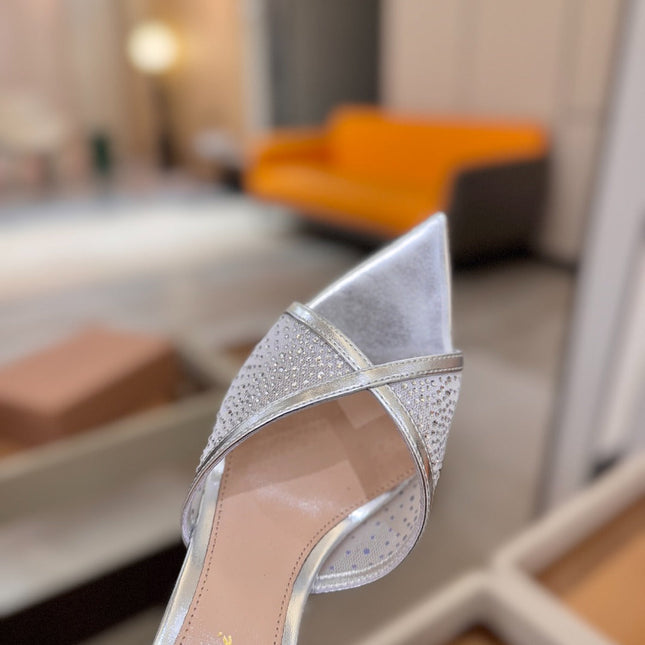 GIANVITO ROSSI 26S POINTED TOE HIGH HEELS 85 MM IN SILVER LAMBSKIN WITH RHINESTONE STRAP