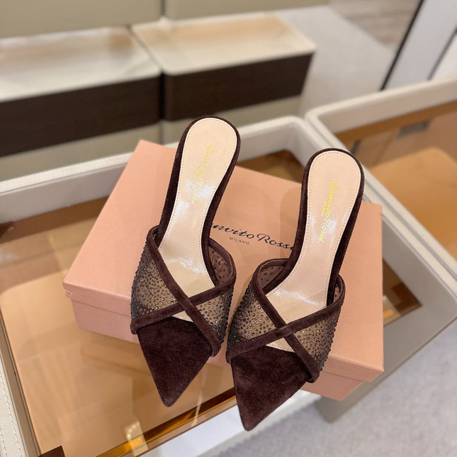 GIANVITO ROSSI 26S POINTED TOE HIGH HEELS 85 MM IN DARK BROWN SUEDE WITH RHINESTONE STRAP