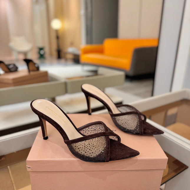 GIANVITO ROSSI 26S POINTED TOE HIGH HEELS 85 MM IN DARK BROWN SUEDE WITH RHINESTONE STRAP
