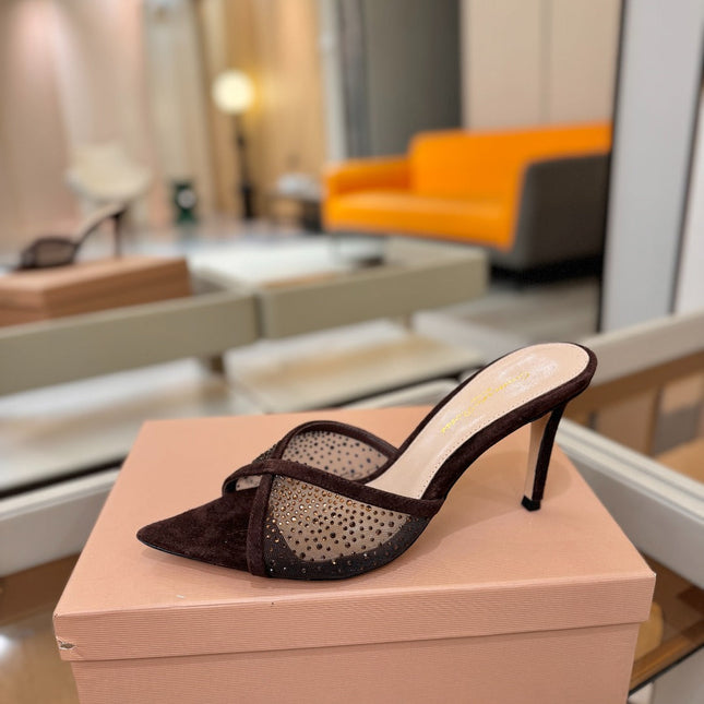 GIANVITO ROSSI 26S POINTED TOE HIGH HEELS 85 MM IN DARK BROWN SUEDE WITH RHINESTONE STRAP