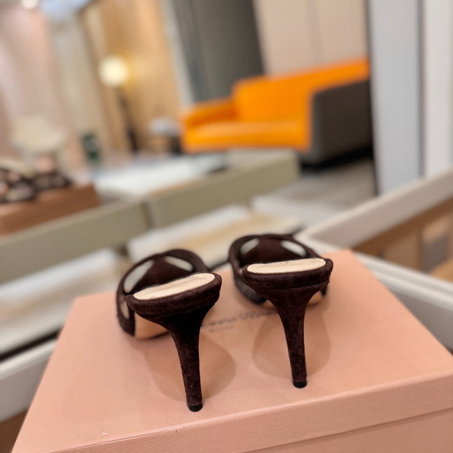 GIANVITO ROSSI 26S POINTED TOE HIGH HEELS 85 MM IN DARK BROWN SUEDE WITH RHINESTONE STRAP