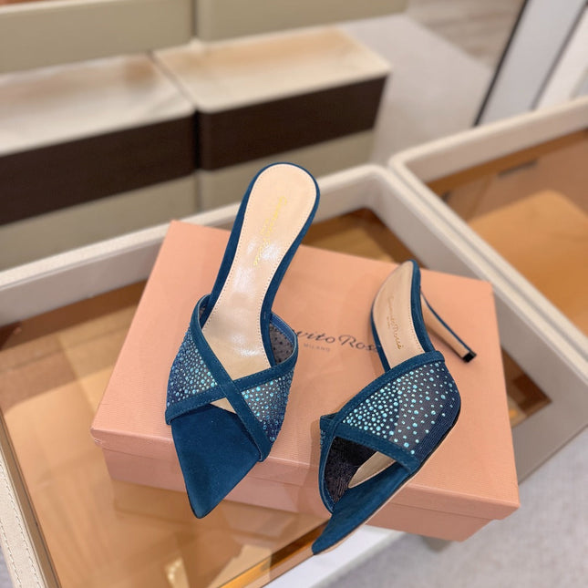 GIANVITO ROSSI 26S POINTED TOE HIGH HEELS 85 MM IN DEEP OCEAN BLUE SUEDE WITH RHINESTONE STRAP