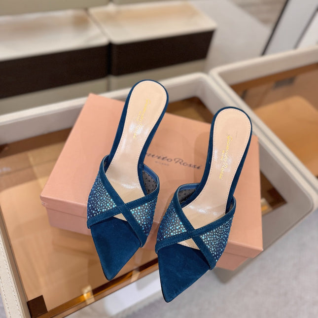 GIANVITO ROSSI 26S POINTED TOE HIGH HEELS 85 MM IN DEEP OCEAN BLUE SUEDE WITH RHINESTONE STRAP