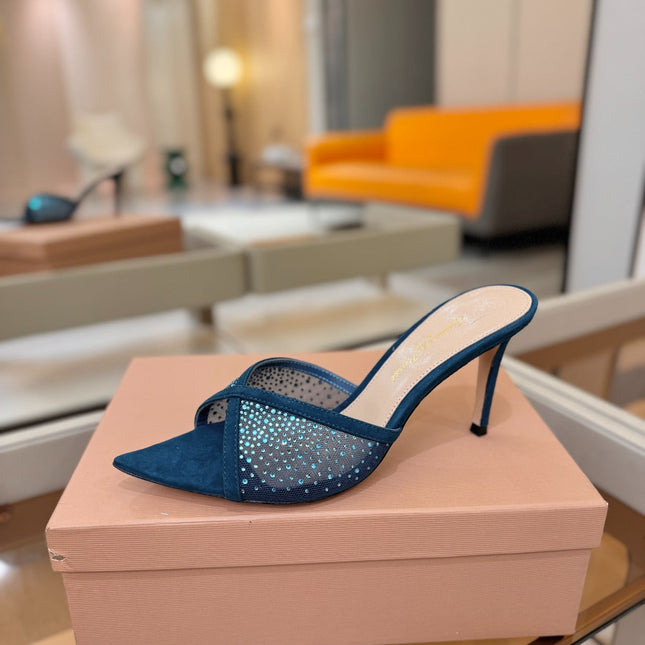 GIANVITO ROSSI 26S POINTED TOE HIGH HEELS 85 MM IN DEEP OCEAN BLUE SUEDE WITH RHINESTONE STRAP