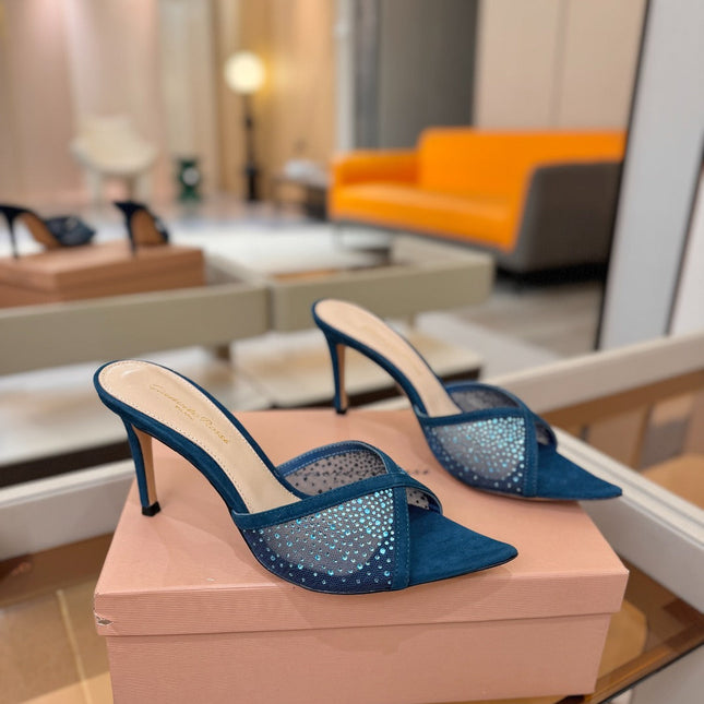 GIANVITO ROSSI 26S POINTED TOE HIGH HEELS 85 MM IN DEEP OCEAN BLUE SUEDE WITH RHINESTONE STRAP