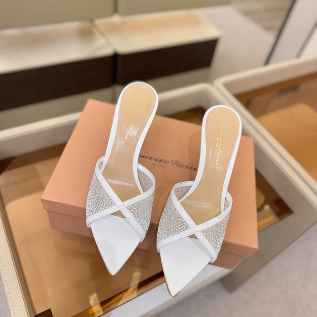 GIANVITO ROSSI 26S POINTED TOE HIGH HEELS 85 MM IN WHITE LAMBSKIN WITH RHINESTONE STRAP