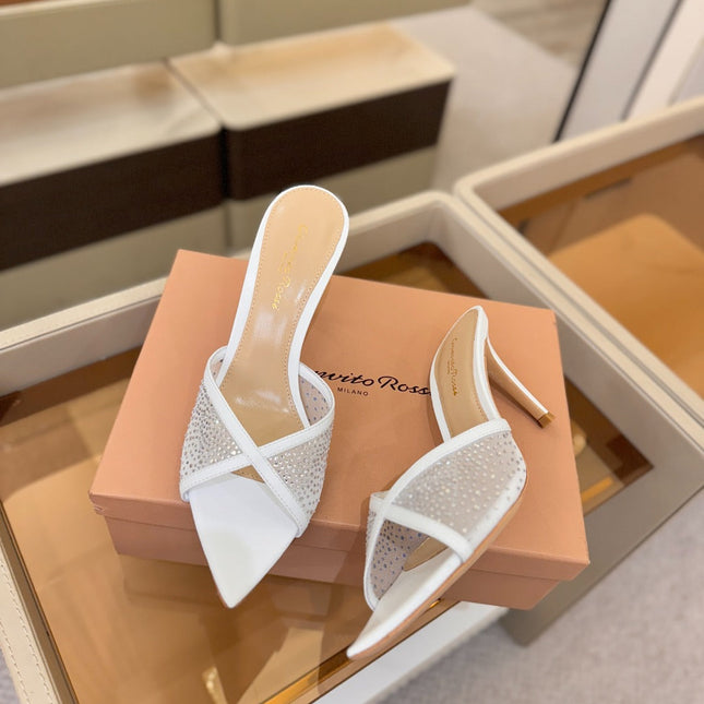 GIANVITO ROSSI 26S POINTED TOE HIGH HEELS 85 MM IN WHITE LAMBSKIN WITH RHINESTONE STRAP