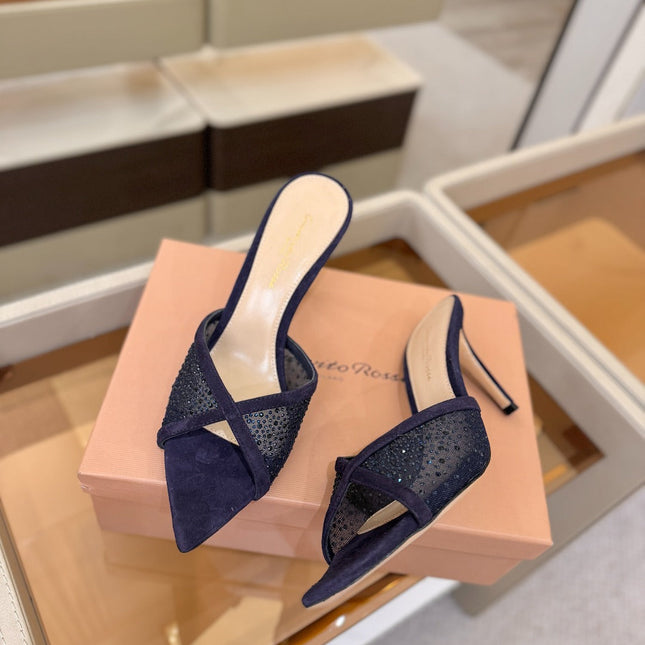 GIANVITO ROSSI 26S POINTED TOE HIGH HEELS 85 MM IN DEEP PURPLE BLUE SUEDE WITH RHINESTONE STRAP