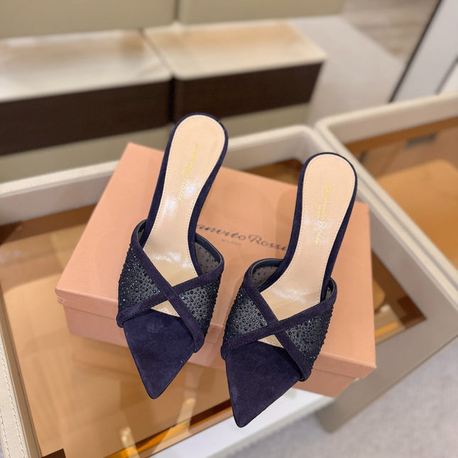 GIANVITO ROSSI 26S POINTED TOE HIGH HEELS 85 MM IN DEEP PURPLE BLUE SUEDE WITH RHINESTONE STRAP