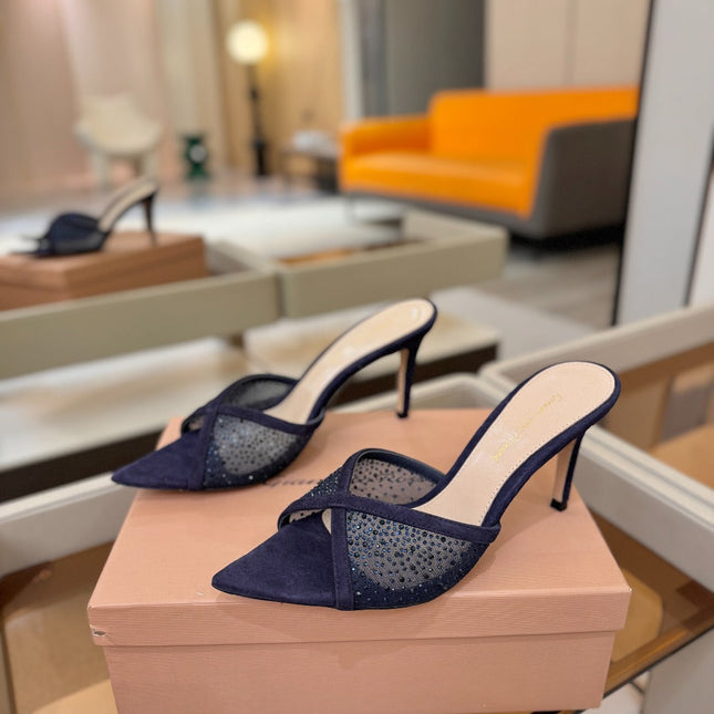 GIANVITO ROSSI 26S POINTED TOE HIGH HEELS 85 MM IN DEEP PURPLE BLUE SUEDE WITH RHINESTONE STRAP