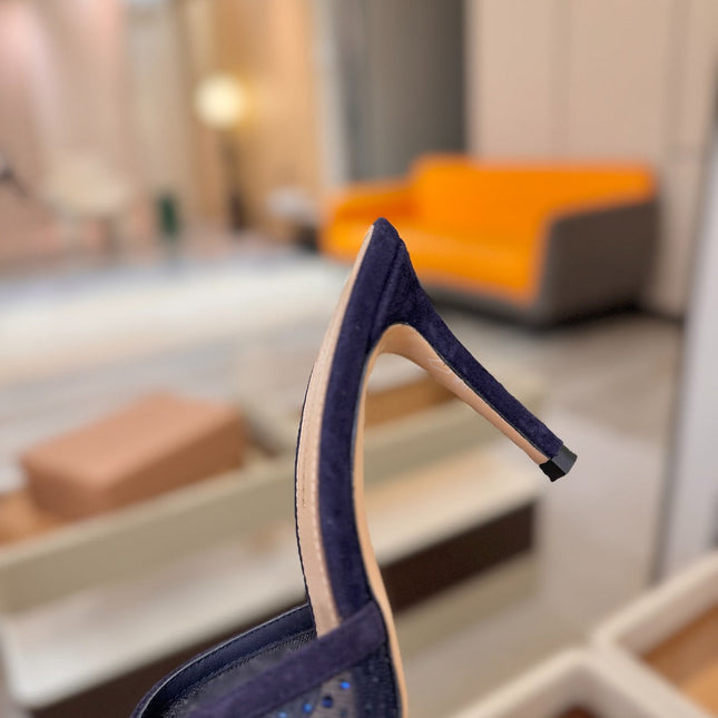 GIANVITO ROSSI 26S POINTED TOE HIGH HEELS 85 MM IN DEEP PURPLE BLUE SUEDE WITH RHINESTONE STRAP