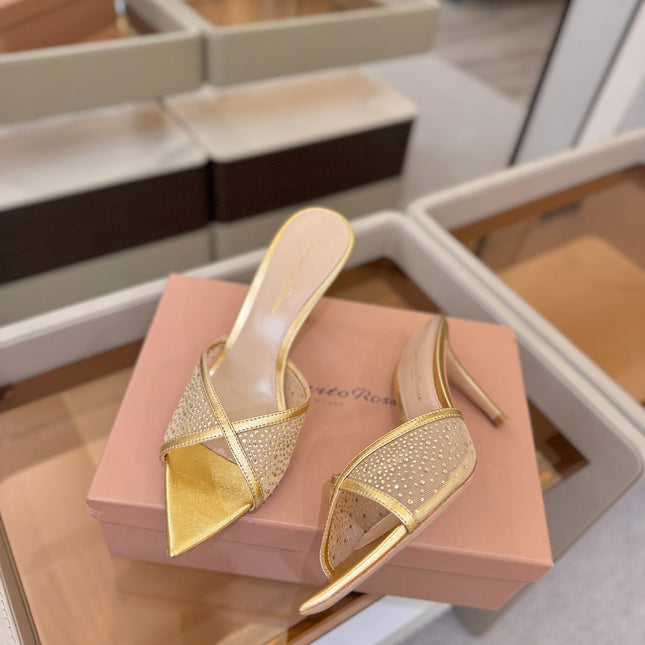 GIANVITO ROSSI 26S POINTED TOE HIGH HEELS 85 MM IN GOLD LAMBSKIN WITH RHINESTONE STRAP