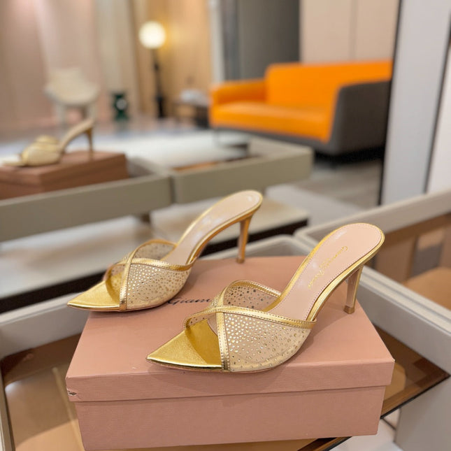 GIANVITO ROSSI 26S POINTED TOE HIGH HEELS 85 MM IN GOLD LAMBSKIN WITH RHINESTONE STRAP