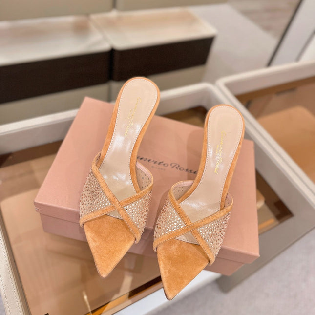 GIANVITO ROSSI 26S POINTED TOE HIGH HEELS 85 MM IN LIGHT ORANGE SUEDE WITH RHINESTONE STRAP