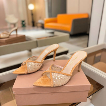 GIANVITO ROSSI 26S POINTED TOE HIGH HEELS 85 MM IN LIGHT ORANGE SUEDE WITH RHINESTONE STRAP
