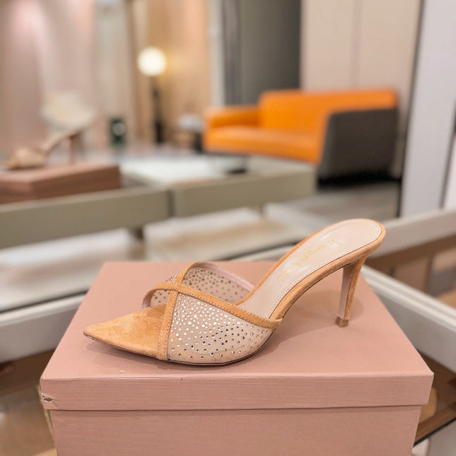 GIANVITO ROSSI 26S POINTED TOE HIGH HEELS 85 MM IN LIGHT ORANGE SUEDE WITH RHINESTONE STRAP