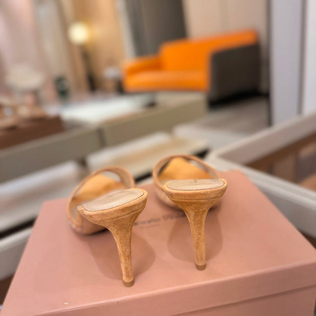 GIANVITO ROSSI 26S POINTED TOE HIGH HEELS 85 MM IN LIGHT ORANGE SUEDE WITH RHINESTONE STRAP