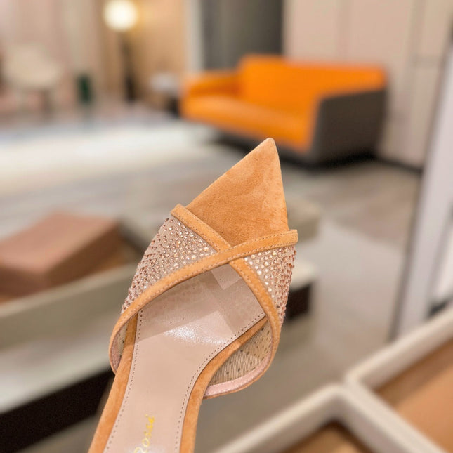 GIANVITO ROSSI 26S POINTED TOE HIGH HEELS 85 MM IN LIGHT ORANGE SUEDE WITH RHINESTONE STRAP