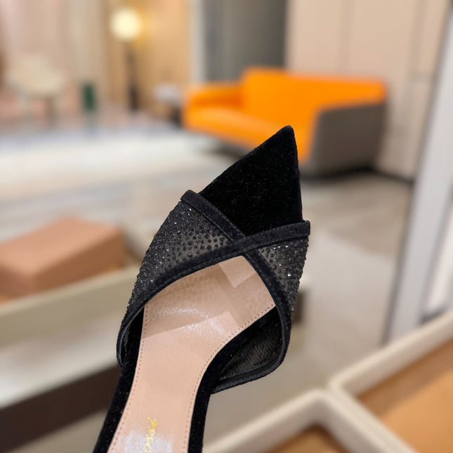 GIANVITO ROSSI 26S POINTED TOE HIGH HEELS 85 MM IN BLACK SUEDE WITH RHINESTONE STRAP