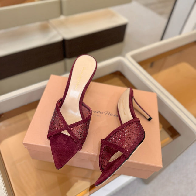 GIANVITO ROSSI 26S POINTED TOE HIGH HEELS 85 MM IN DARK RED SUEDE WITH RHINESTONE STRAP