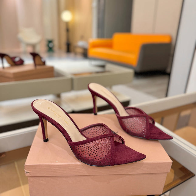 GIANVITO ROSSI 26S POINTED TOE HIGH HEELS 85 MM IN DARK RED SUEDE WITH RHINESTONE STRAP