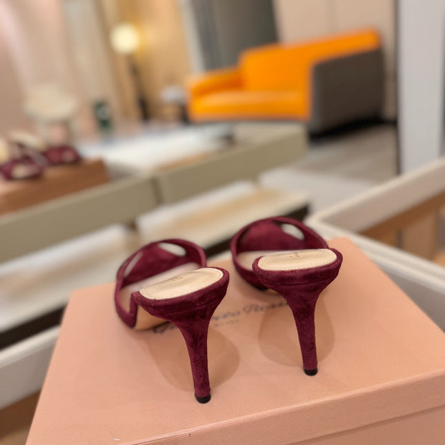 GIANVITO ROSSI 26S POINTED TOE HIGH HEELS 85 MM IN DARK RED SUEDE WITH RHINESTONE STRAP