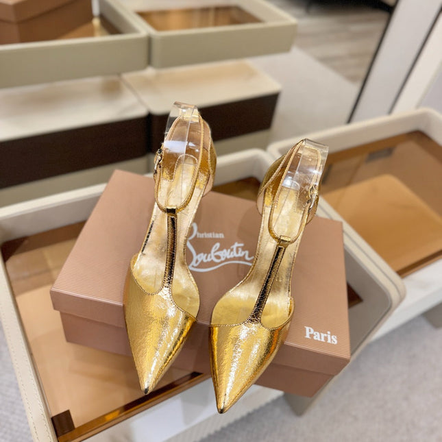 CHRISTIAN LOUBOUTIN 26S T-STRAP HIGH HEELS 105 MM IN GOLD CALFSKIN