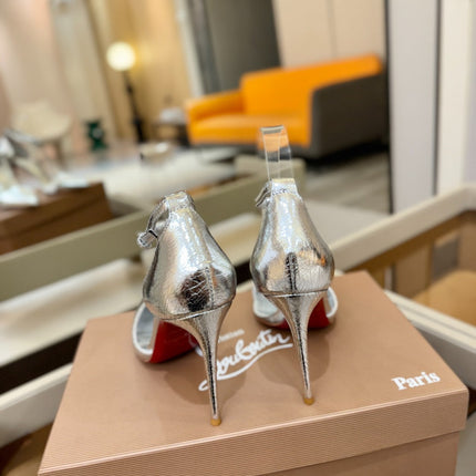 CHRISTIAN LOUBOUTIN 26S T-STRAP HIGH HEELS 105 MM IN SILVER CALFSKIN