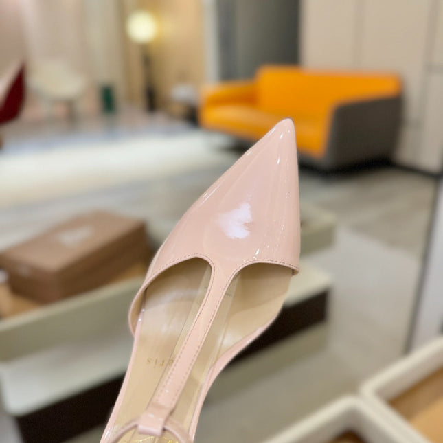 CHRISTIAN LOUBOUTIN 26S T-STRAP HIGH HEELS 105 MM IN NUDE PATENT CALFSKIN