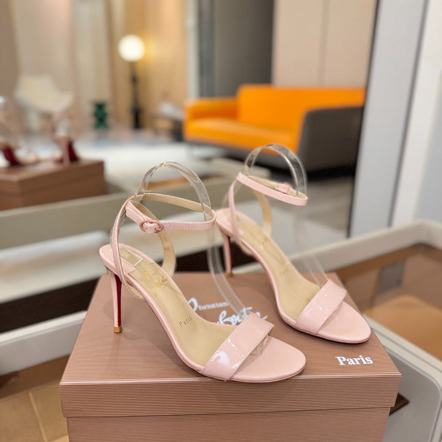 CHRISTIAN LOUBOUTIN 26S HEELED SANDALS 85 MM IN BLUSH PINK PATENT CALFSKIN
