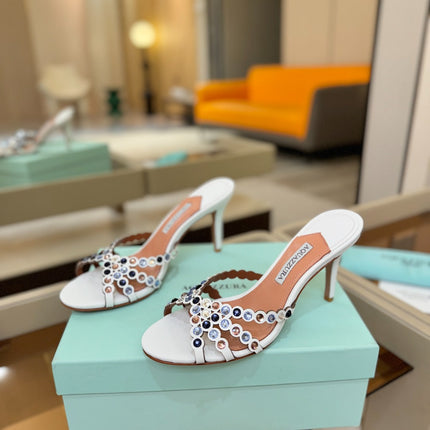 AQUAZZURA 26S TEQUILA HEELED SANDALS 85 MM IN WHITE LAMBSKIN