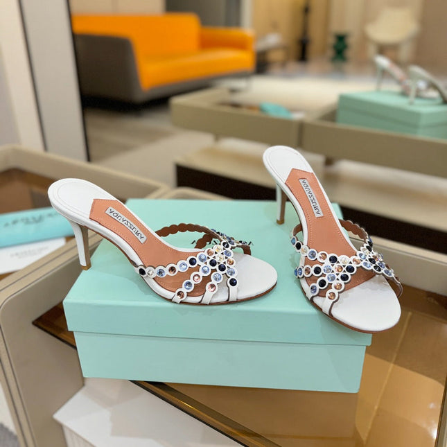 AQUAZZURA 26S TEQUILA HEELED SANDALS 85 MM IN WHITE LAMBSKIN