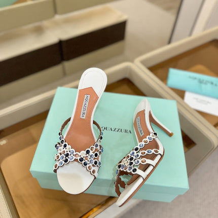 AQUAZZURA 26S TEQUILA HEELED SANDALS 85 MM IN WHITE LAMBSKIN