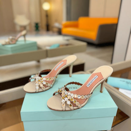 AQUAZZURA 26S TEQUILA HEELED SANDALS 85 MM IN BEIGE LAMBSKIN