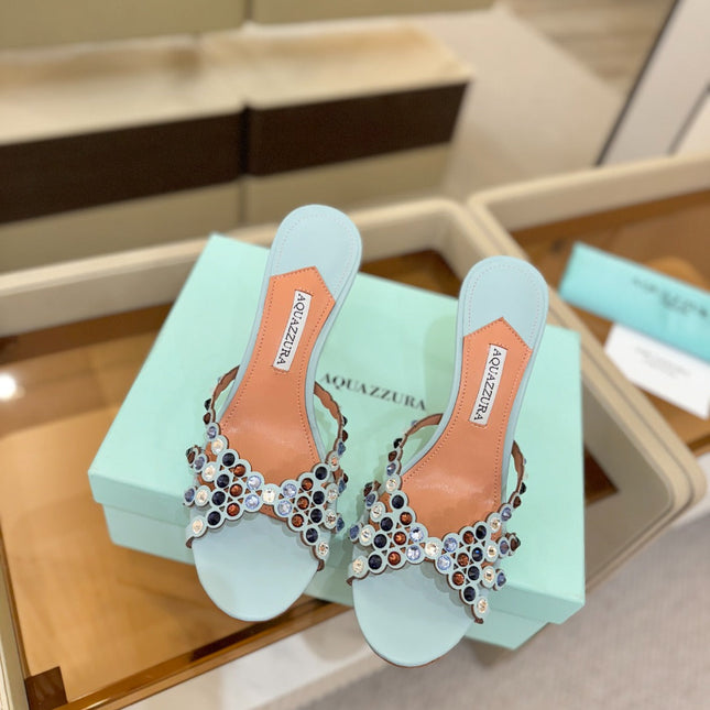 AQUAZZURA 26S TEQUILA HEELED SANDALS 85 MM IN LIGHT BLUE LAMBSKIN