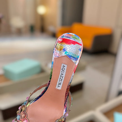AQUAZZURA 26S TEQUILA HEELED SANDALS 85 MM IN MULTICOLOR SNAKESKIN