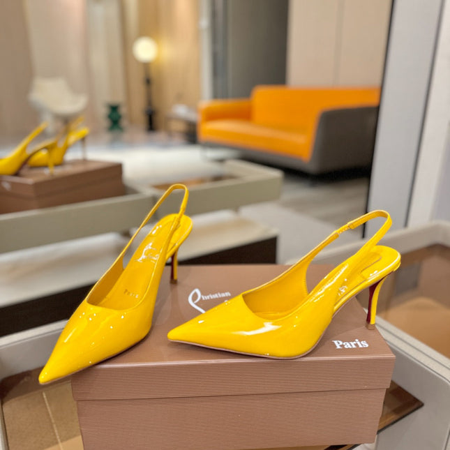 CHRISTIAN LOUBOUTIN 26S SLINGBACK HEELS 85 MM IN DARK YELLOW PATENT CALFSKIN