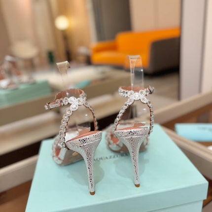 AQUAZZURA 26S STRAPPY HIGH HEELS 105 MM IN SILVER TEXTURED LEATHER