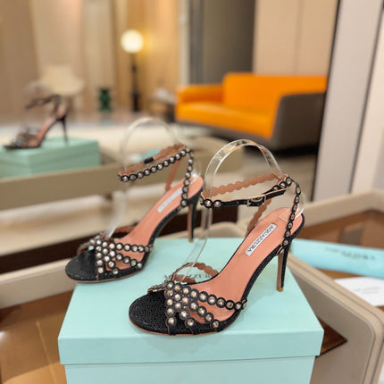 AQUAZZURA 26S STRAPPY HIGH HEELS 105 MM IN BLACK TEXTURED LEATHER