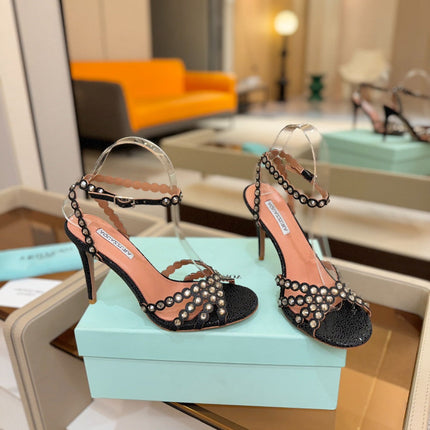AQUAZZURA 26S STRAPPY HIGH HEELS 105 MM IN BLACK TEXTURED LEATHER