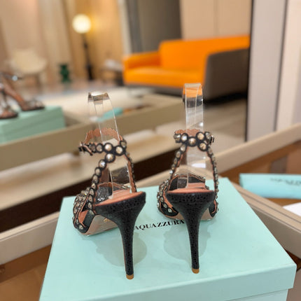 AQUAZZURA 26S STRAPPY HIGH HEELS 105 MM IN BLACK TEXTURED LEATHER