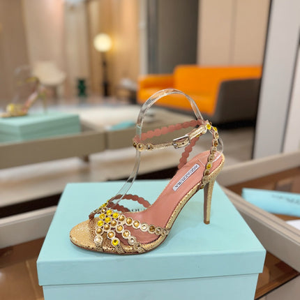 AQUAZZURA 26S STRAPPY HIGH HEELS 105 MM IN GOLD METALLIC TEXTURED LEATHER