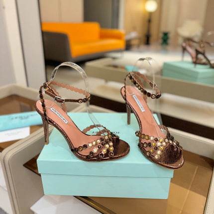 AQUAZZURA 26S STRAPPY HIGH HEELS 105 MM IN BROWN SNAKESKIN