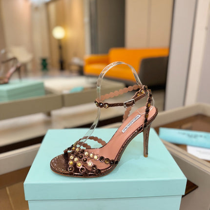 AQUAZZURA 26S STRAPPY HIGH HEELS 105 MM IN BROWN SNAKESKIN