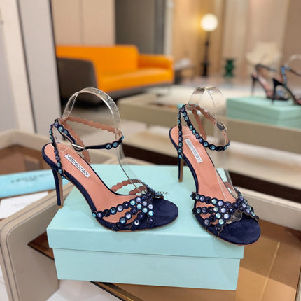 AQUAZZURA 26S STRAPPY HIGH HEELS 105 MM IN NAVY BLUE SUEDE