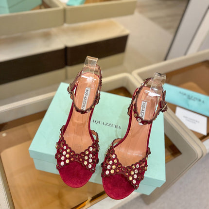 AQUAZZURA 26S STRAPPY HIGH HEELS 105 MM IN DARK RED SUEDE