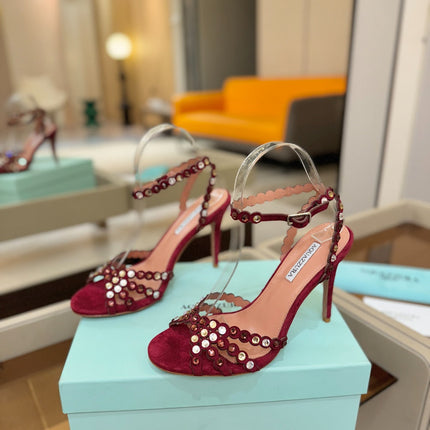 AQUAZZURA 26S STRAPPY HIGH HEELS 105 MM IN DARK RED SUEDE